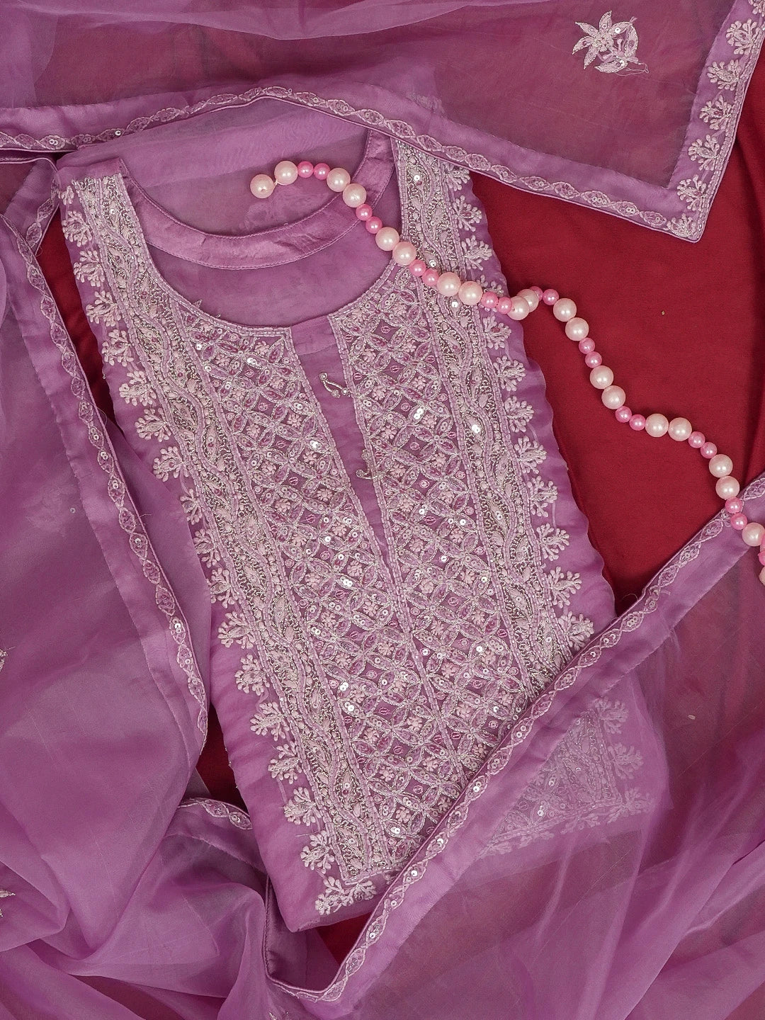 Ada Hand Embroidered Mauve Organza Lucknowi Chikankari Semi stitched Kurta Dupatta Set With Sequinned Work 01A542417
