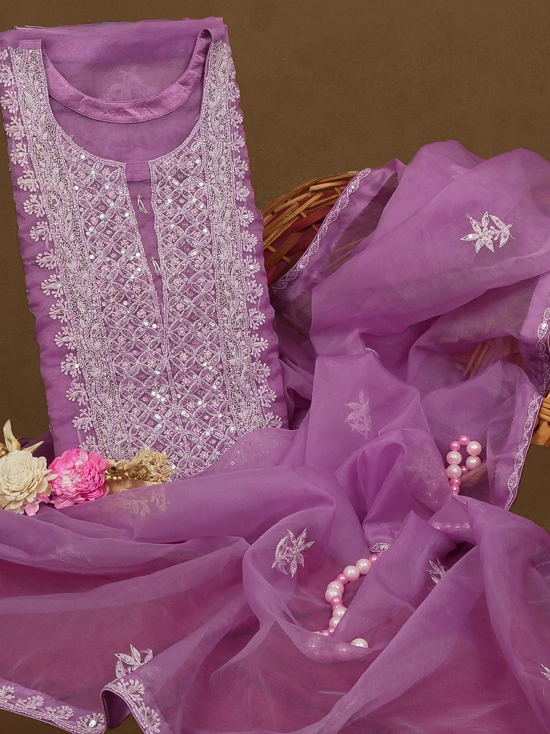 Ada Hand Embroidered Mauve Organza Lucknowi Chikankari Semi stitched Kurta Dupatta Set With Sequinned Work 01A542417