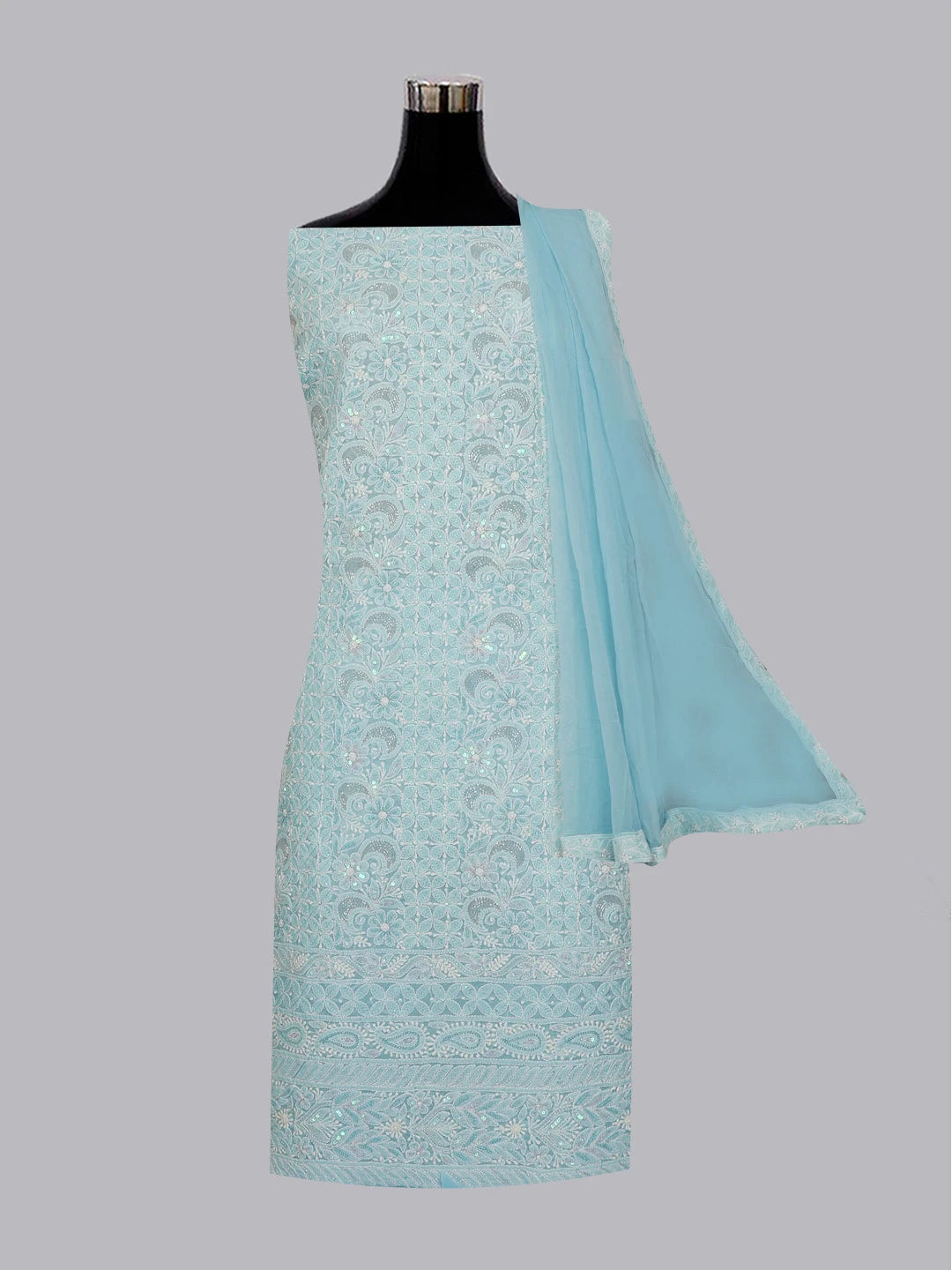 Ada Hand Embroidered Sky Blue Cotton Lucknowi Chikankari Unstitched Suit Piece With Pearl Work 01A574477