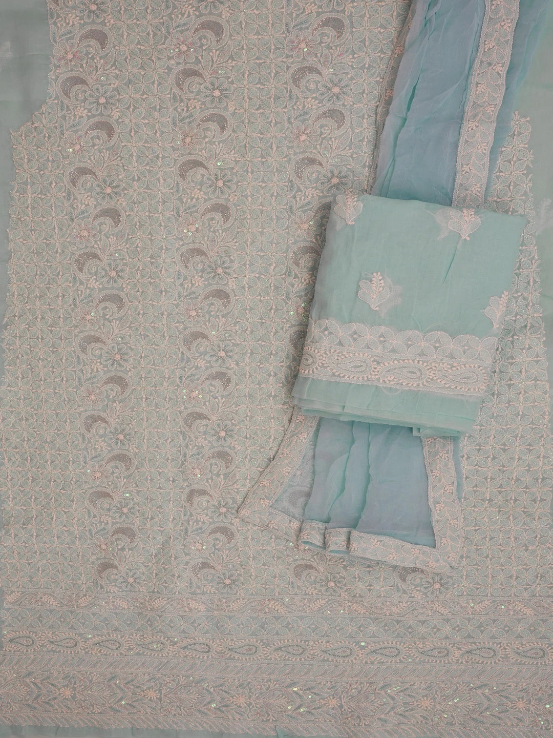 Ada Hand Embroidered Sky Blue Cotton Lucknowi Chikankari Unstitched Suit Piece With Pearl Work 01A574477