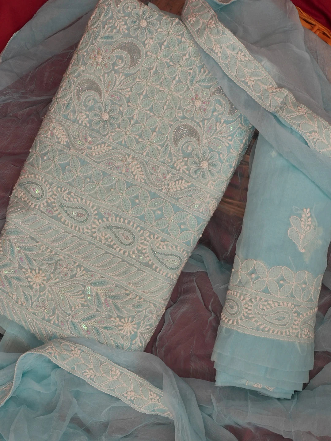 Ada Hand Embroidered Sky Blue Cotton Lucknowi Chikankari Unstitched Suit Piece With Pearl Work 01A574477