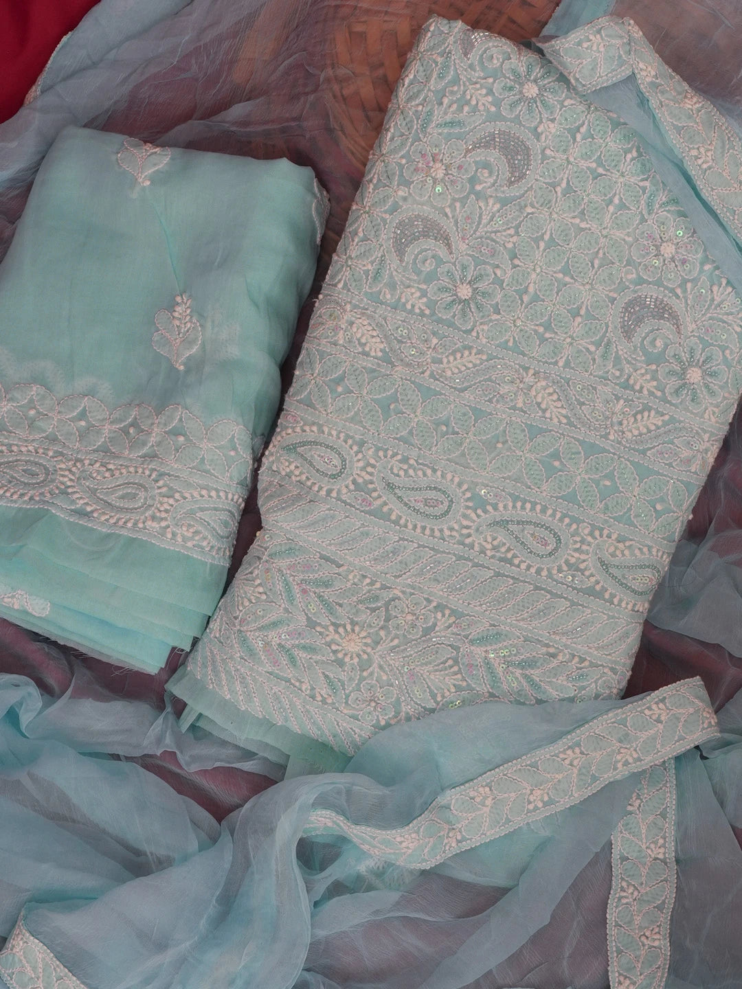 Ada Hand Embroidered Sky Blue Cotton Lucknowi Chikankari Unstitched Suit Piece With Pearl Work 01A574477