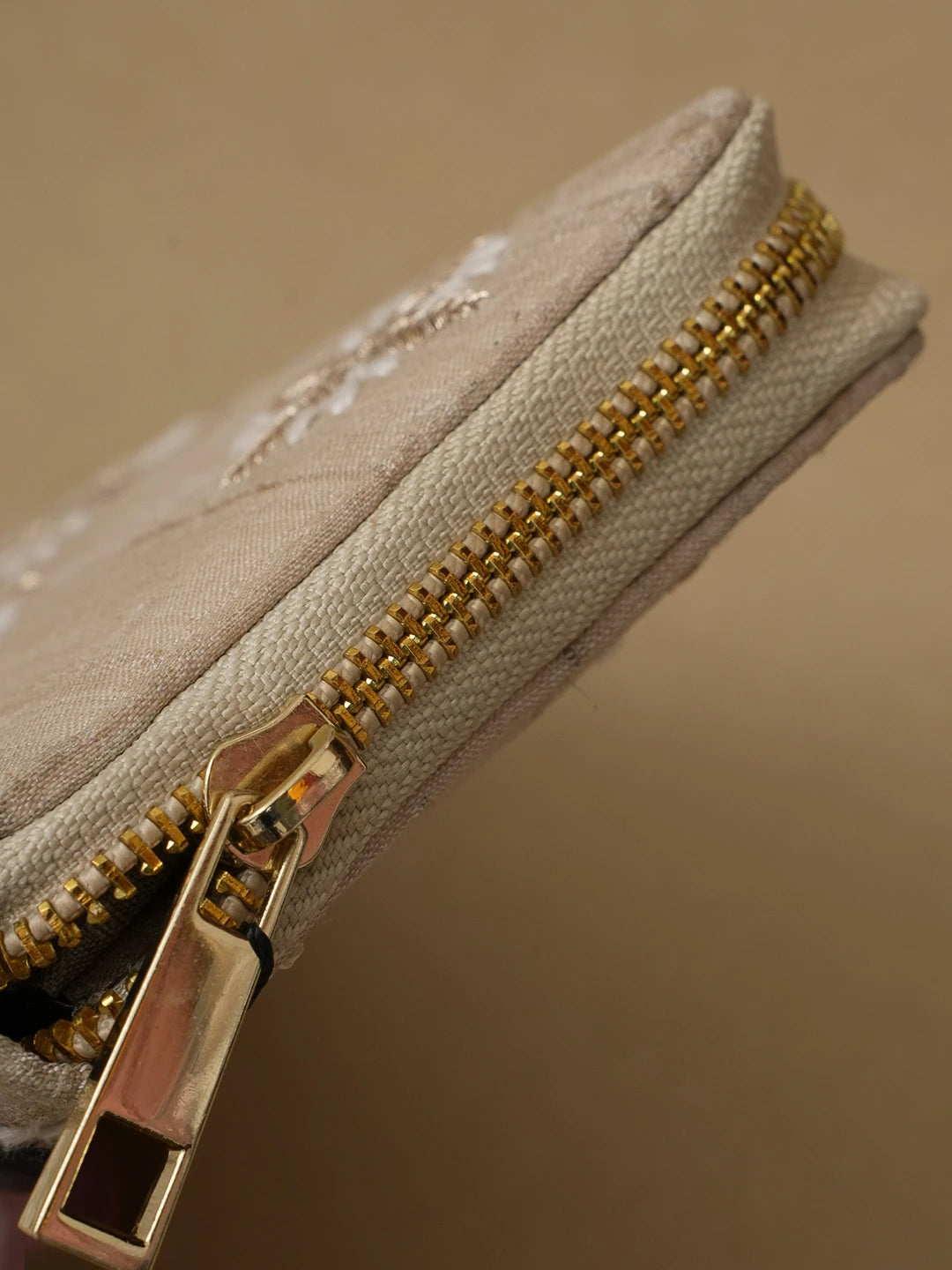 Ada Hand Embroidered Fawn Silk Lucknowi Chikankari Clutch With Zari Work 01A582472
