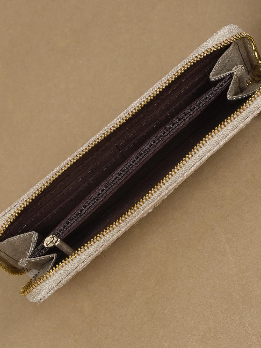 Ada Hand Embroidered Fawn Silk Lucknowi Chikankari Clutch With Zari Work 01A582472