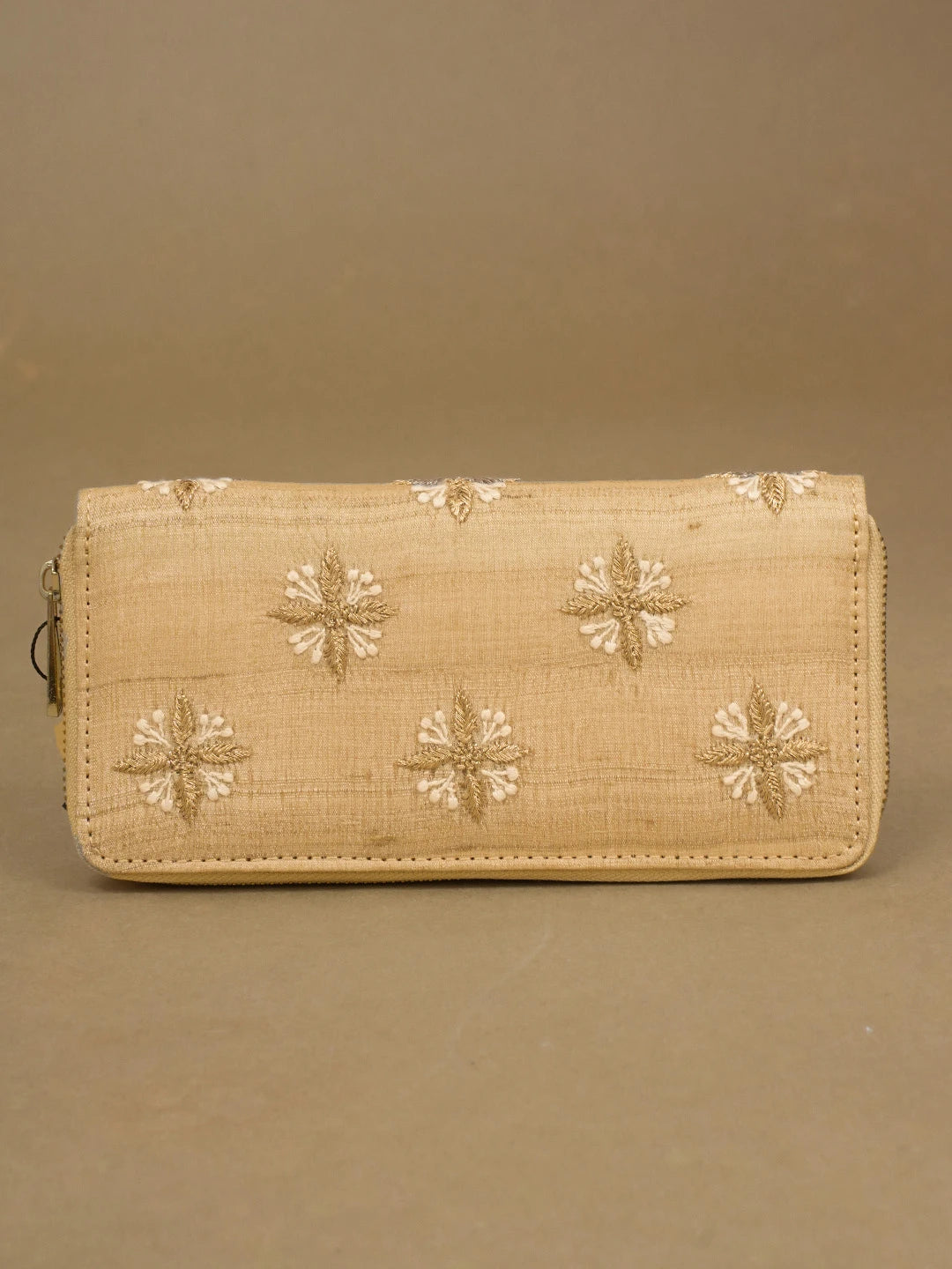 Ada Hand Embroidered Fawn Silk Lucknowi Chikankari Clutch With Zari Work 01A582472