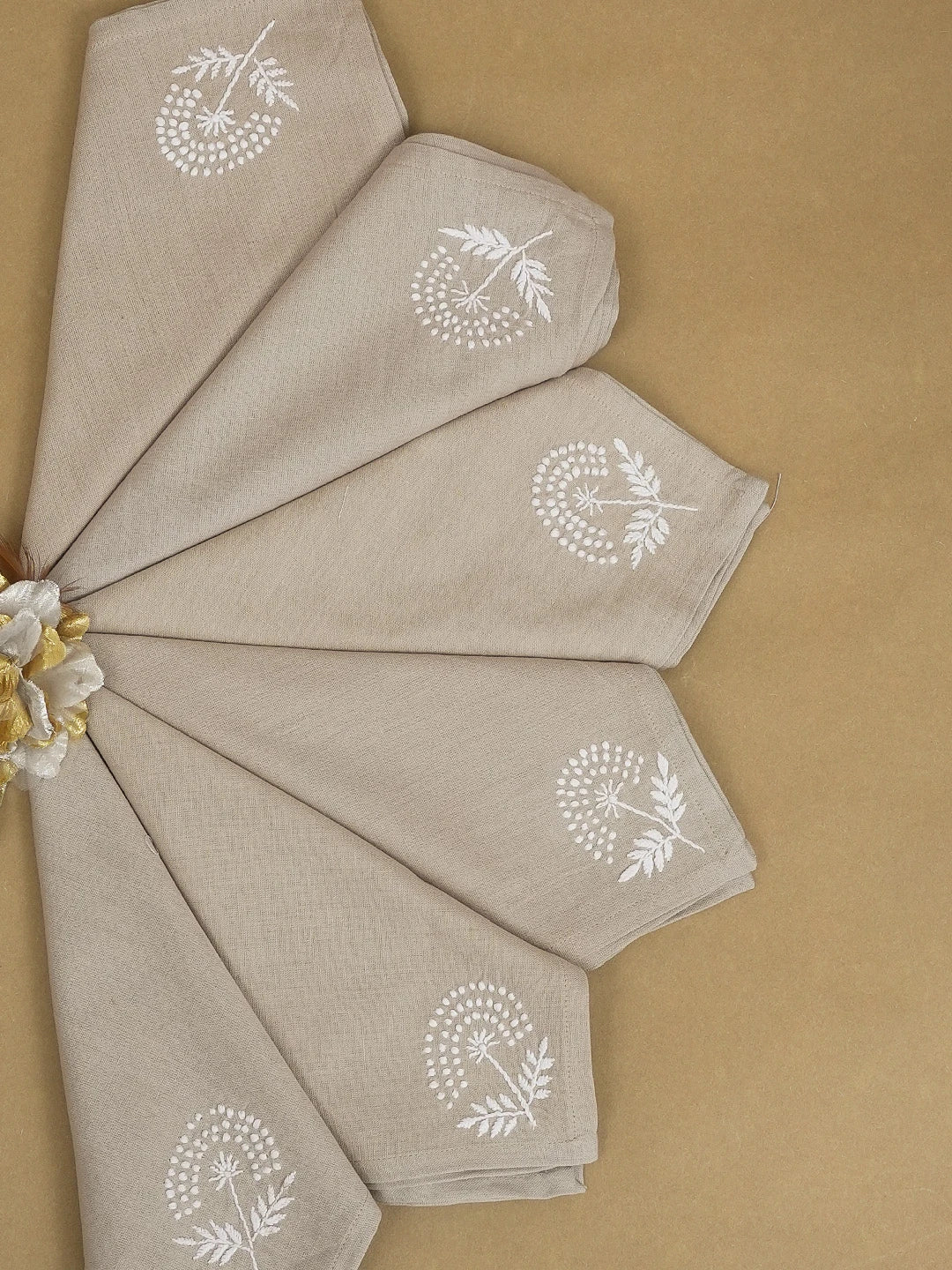 Ada Hand Embroidered Fawn Cotton Lucknowi Chikan Napkin Set 01A489710