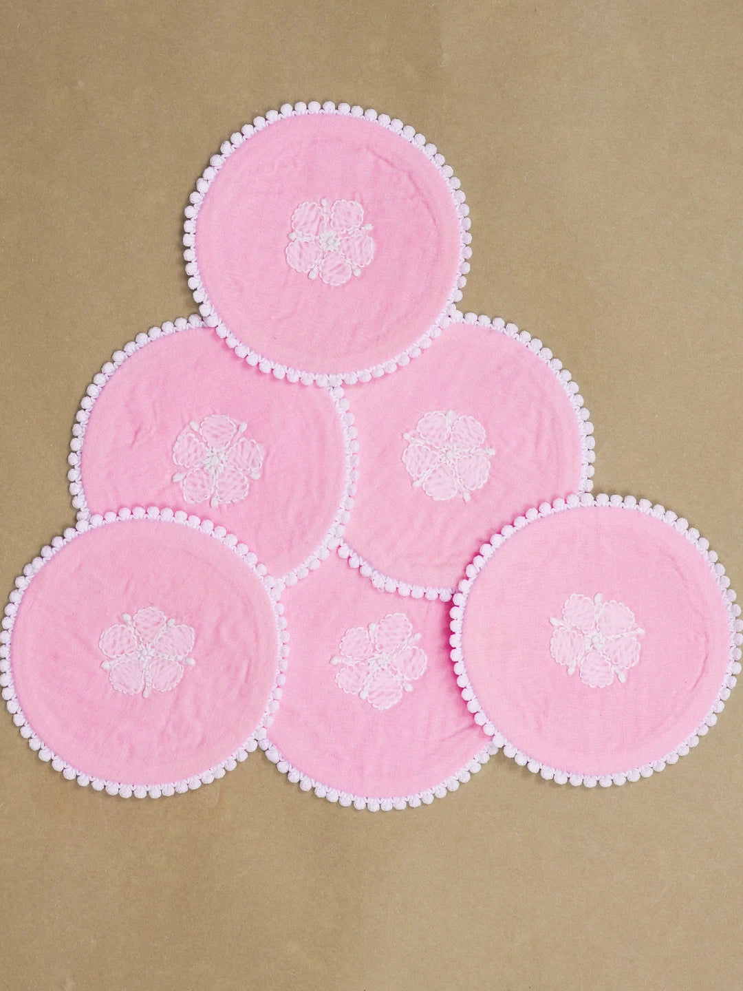 Ada Hand Embroidered Pink Cotton Lucknowi Chikankari Coaster Set  01A596901