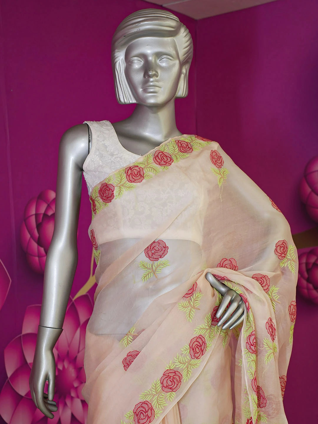 Ada Hand Embroidered Pastel Peach Organza Lucknowi Chikankari Saree and Blouse 01A506806
