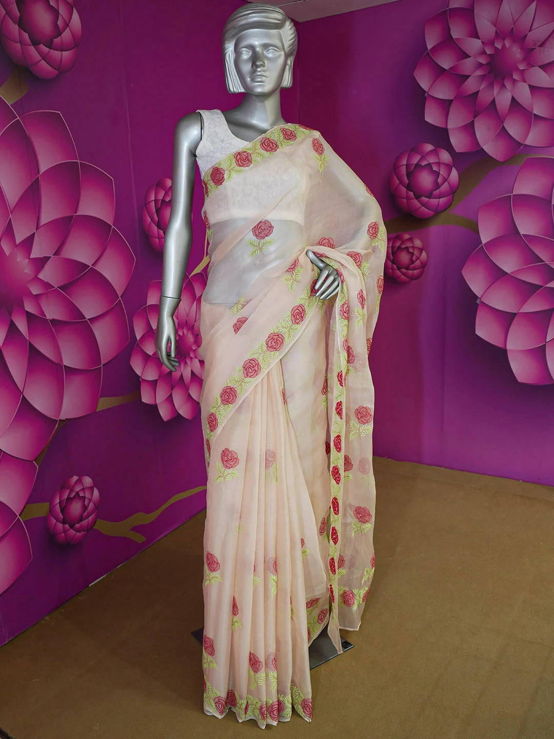 Ada Hand Embroidered Pastel Peach Organza Lucknowi Chikankari Saree and Blouse 01A506806