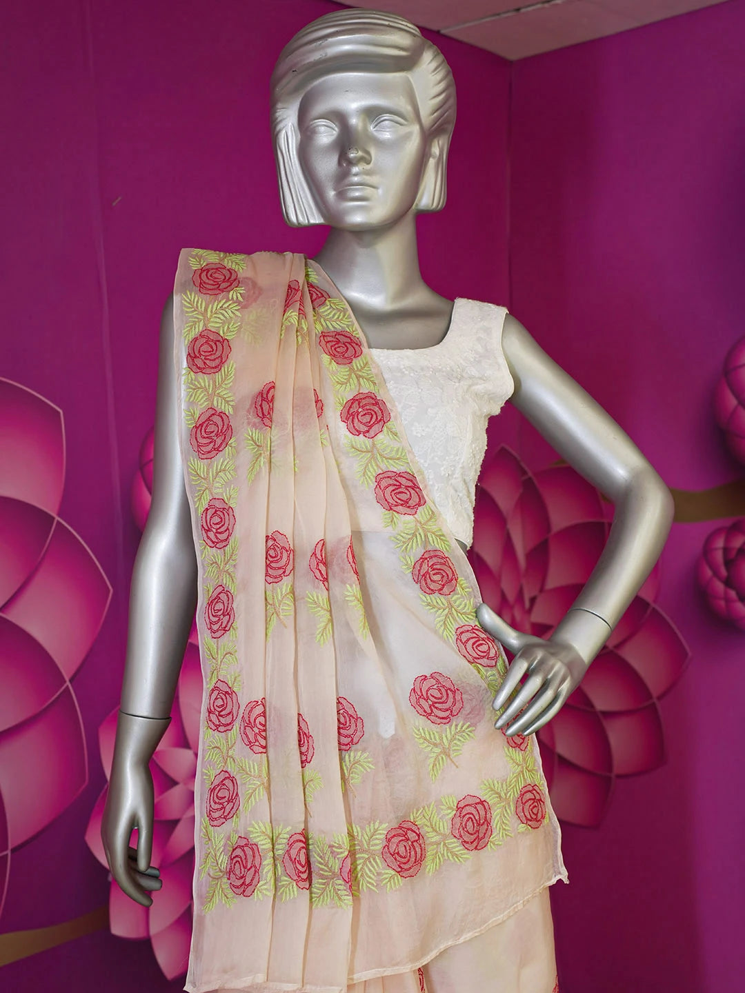 Ada Hand Embroidered Pastel Peach Organza Lucknowi Chikankari Saree and Blouse 01A506806