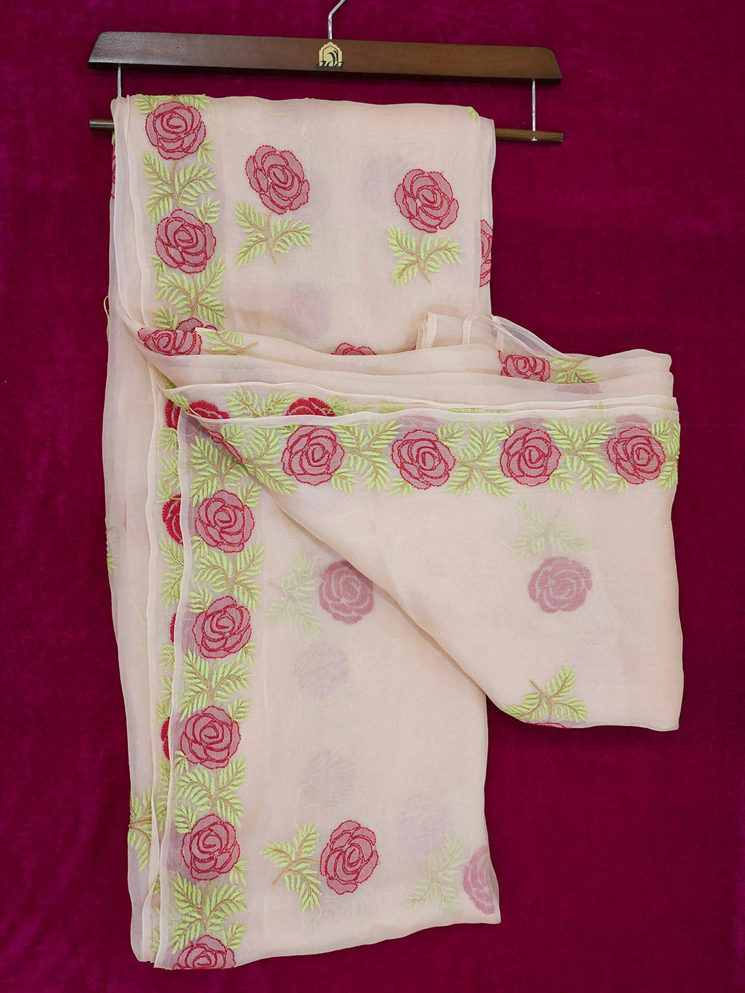 Ada Hand Embroidered Pastel Peach Organza Lucknowi Chikankari Saree and Blouse 01A506806