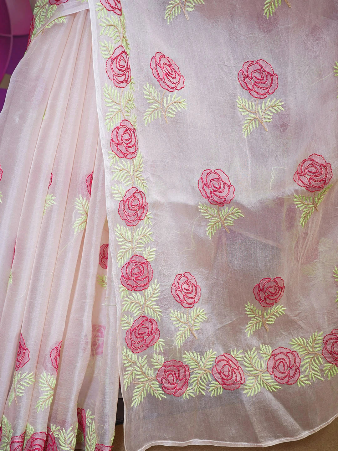 Ada Hand Embroidered Pastel Peach Organza Lucknowi Chikankari Saree and Blouse 01A506806