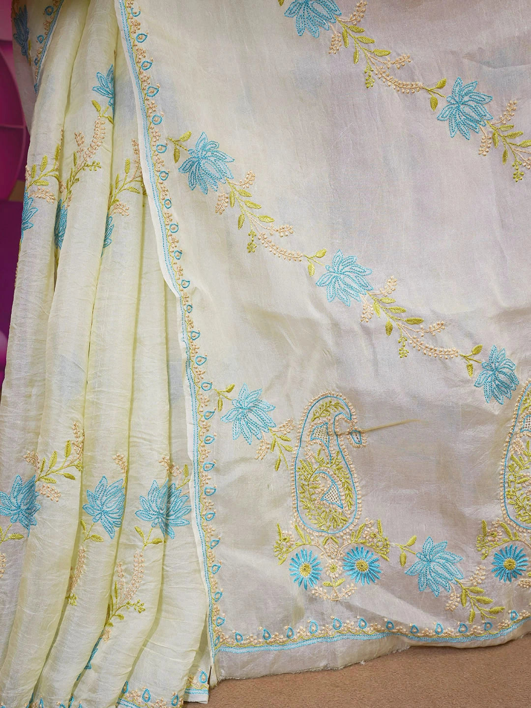 Ada Hand Embroidered Beige Organza Lucknowi Chikankari Saree With Blouse 01A580472