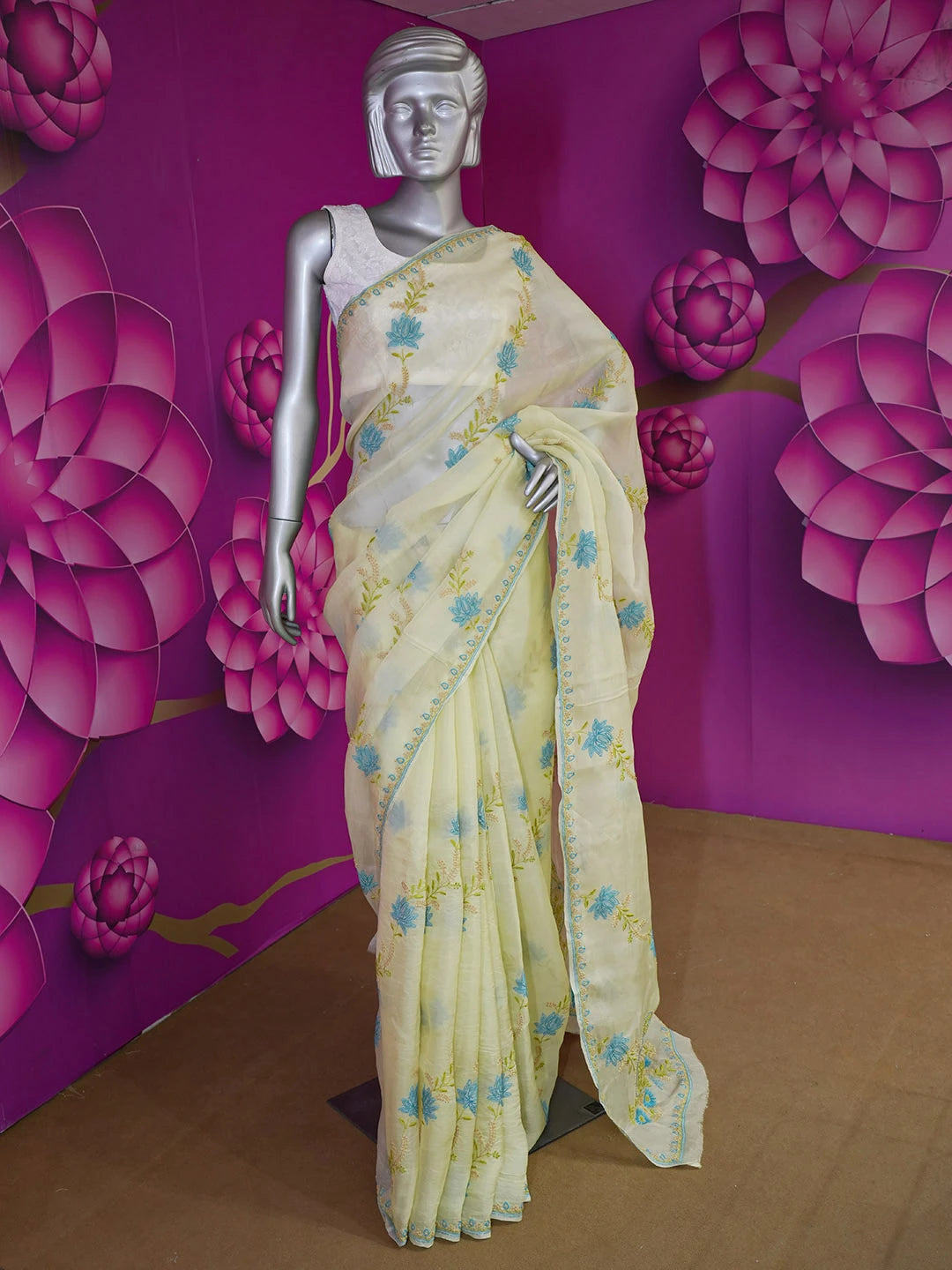 Ada Hand Embroidered Beige Organza Lucknowi Chikankari Saree With Blouse 01A580472