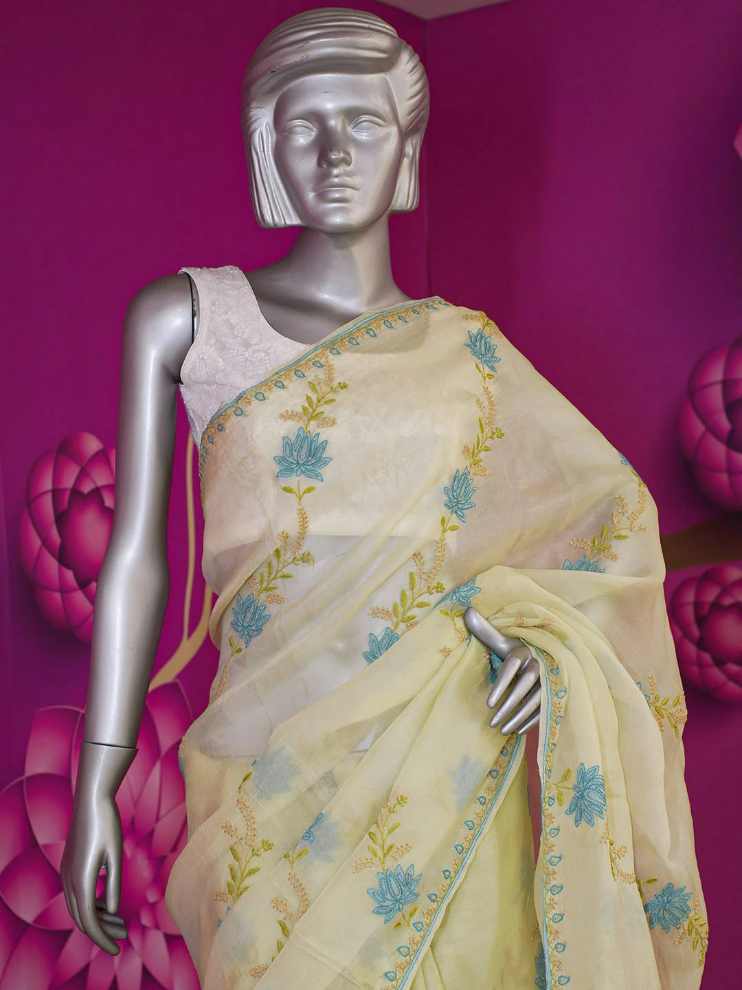 Ada Hand Embroidered Beige Organza Lucknowi Chikankari Saree With Blouse 01A580472