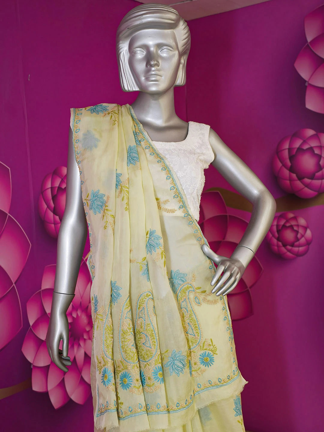 Ada Hand Embroidered Beige Organza Lucknowi Chikankari Saree With Blouse 01A580472