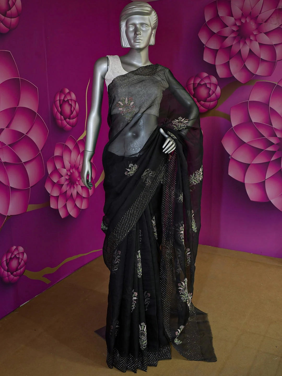 Ada Hand Embroidered Black Organza Lucknowi Chikankari Saree With Blouse And Muqaish Work 01A559649