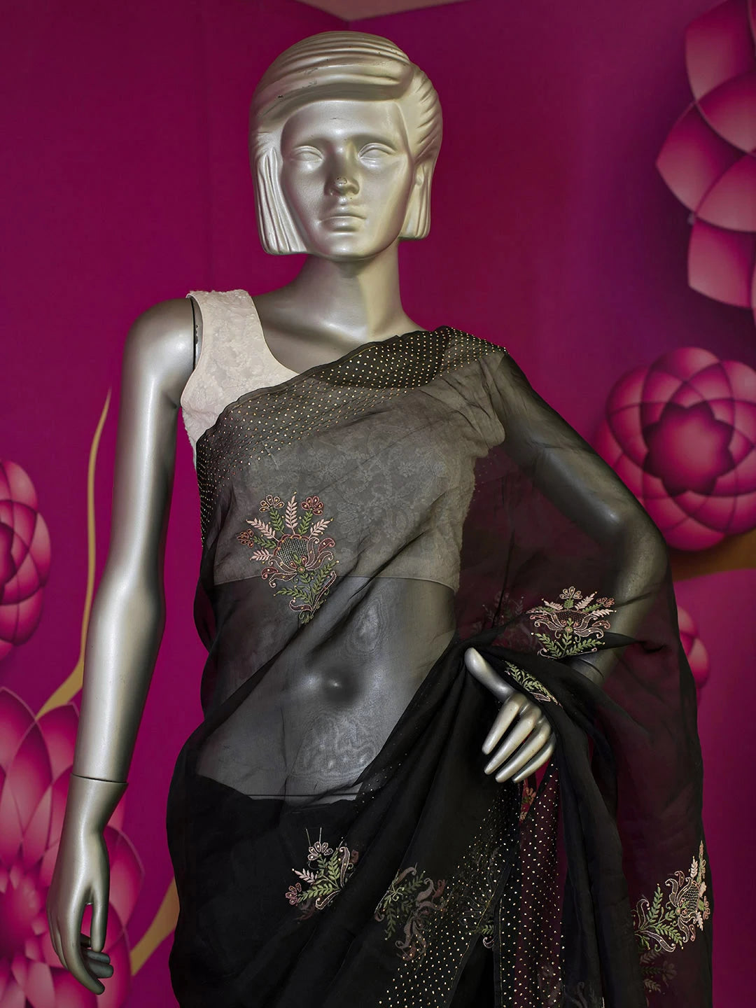 Ada Hand Embroidered Black Organza Lucknowi Chikankari Saree With Blouse And Muqaish Work 01A559649