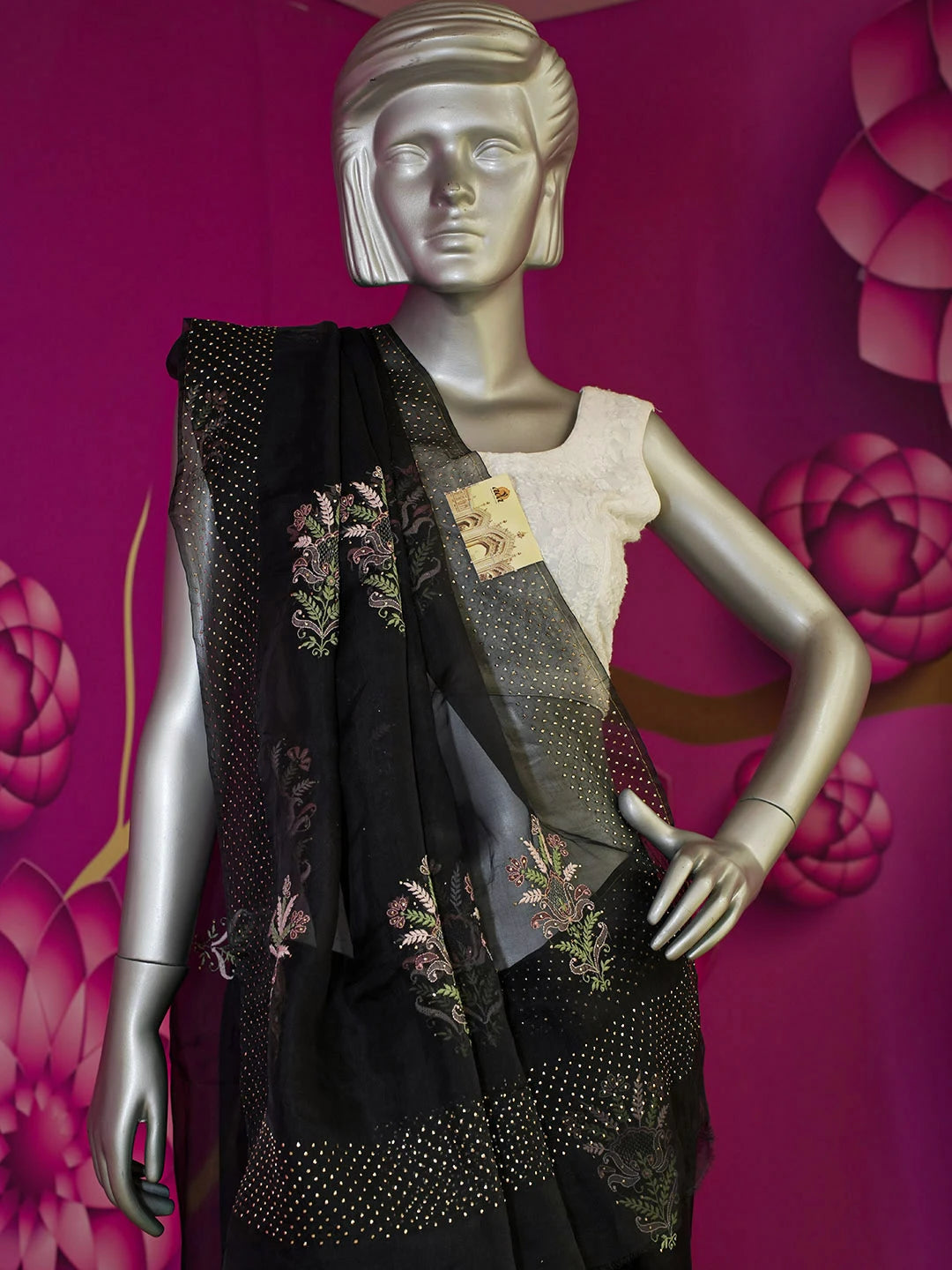 Ada Hand Embroidered Black Organza Lucknowi Chikankari Saree With Blouse And Muqaish Work 01A559649