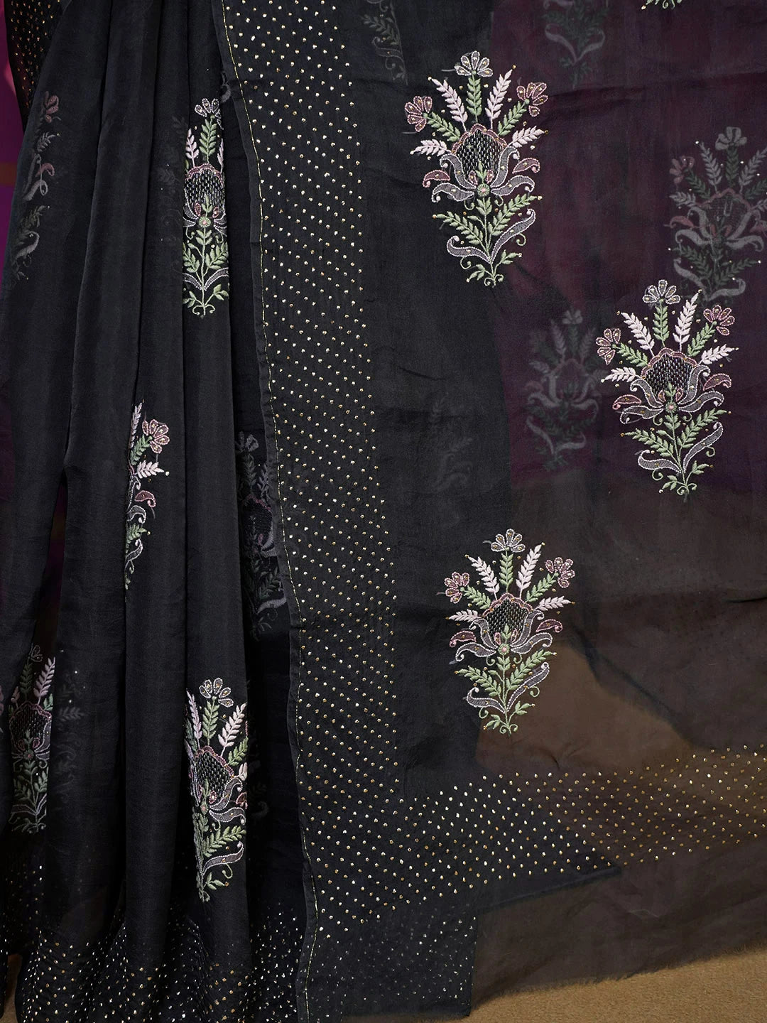 Ada Hand Embroidered Black Organza Lucknowi Chikankari Saree With Blouse And Muqaish Work 01A559649