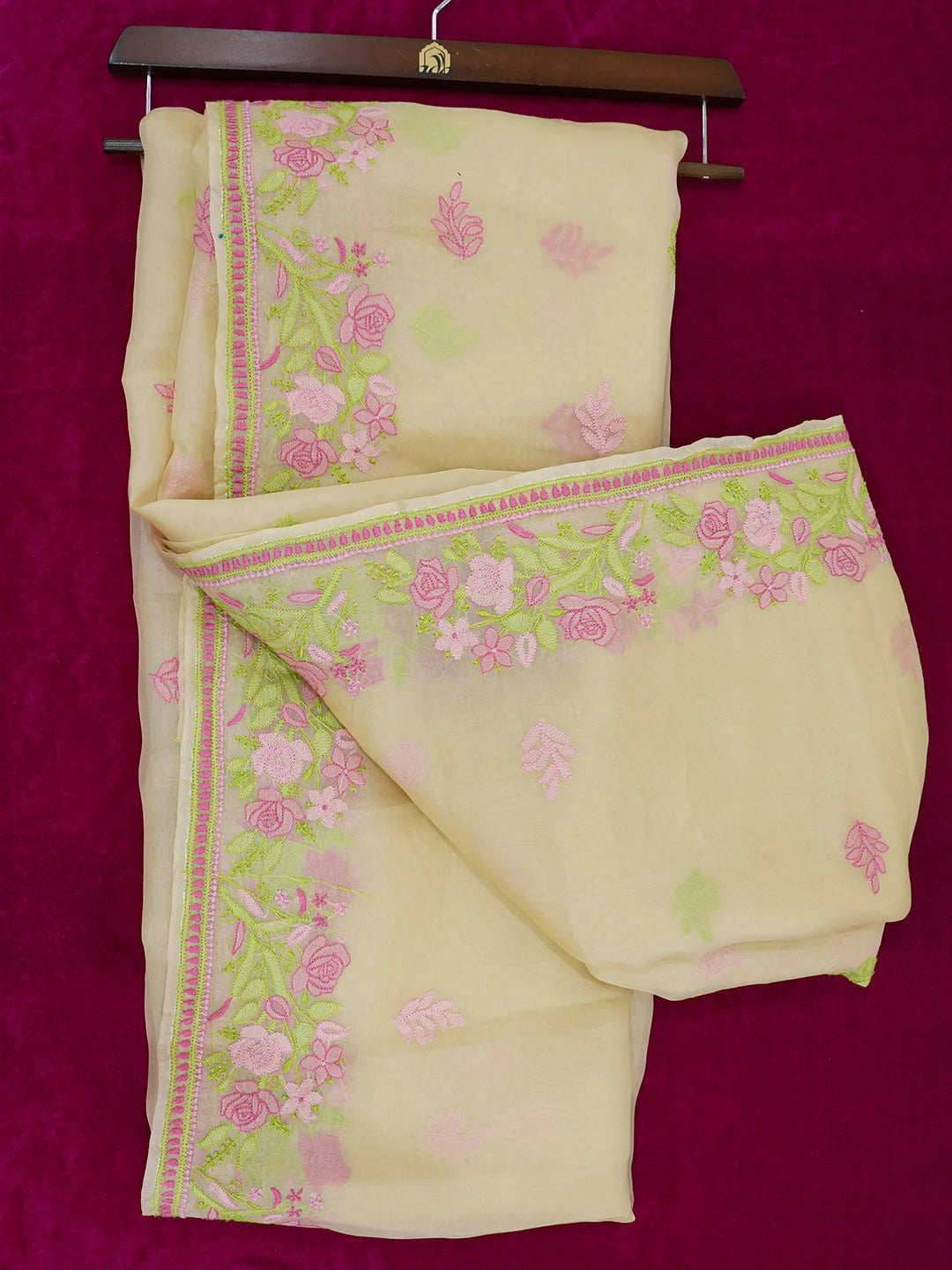 Ada Hand Embroidered Fawn Organza Lucknowi Chikankari Saree With Blouse 01A557325