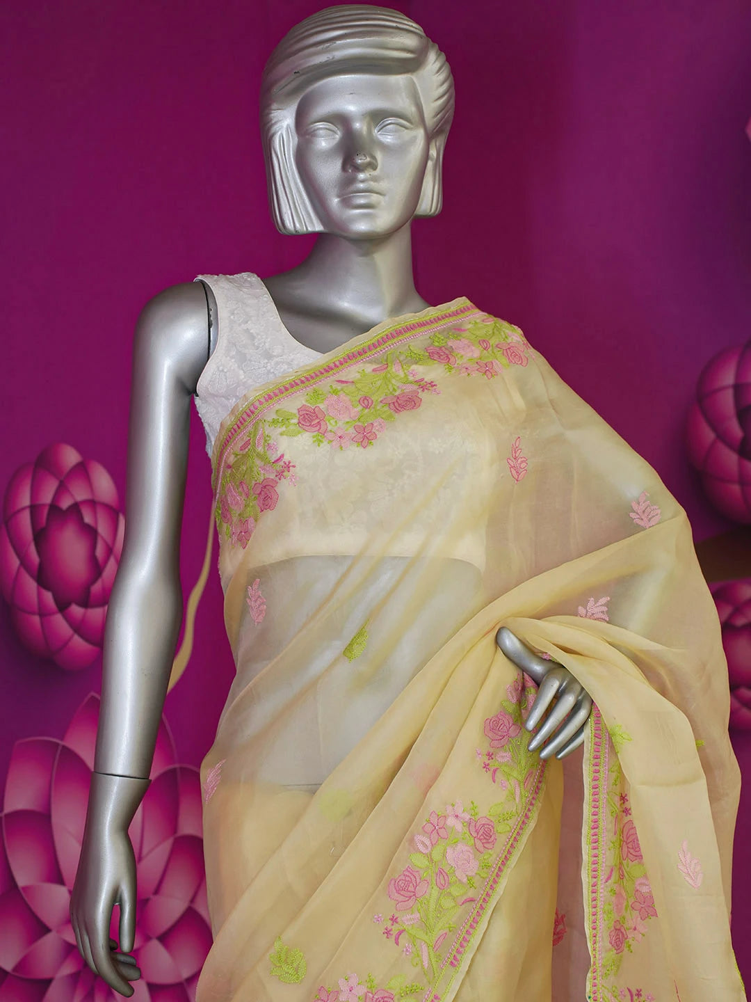 Ada Hand Embroidered Fawn Organza Lucknowi Chikankari Saree With Blouse 01A557325