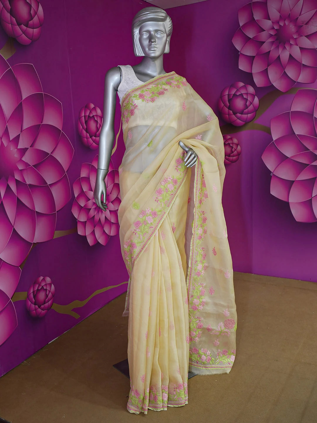 Ada Hand Embroidered Fawn Organza Lucknowi Chikankari Saree With Blouse 01A557325