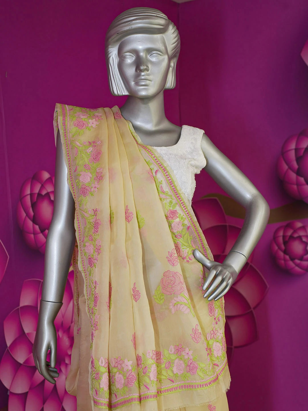 Ada Hand Embroidered Fawn Organza Lucknowi Chikankari Saree With Blouse 01A557325