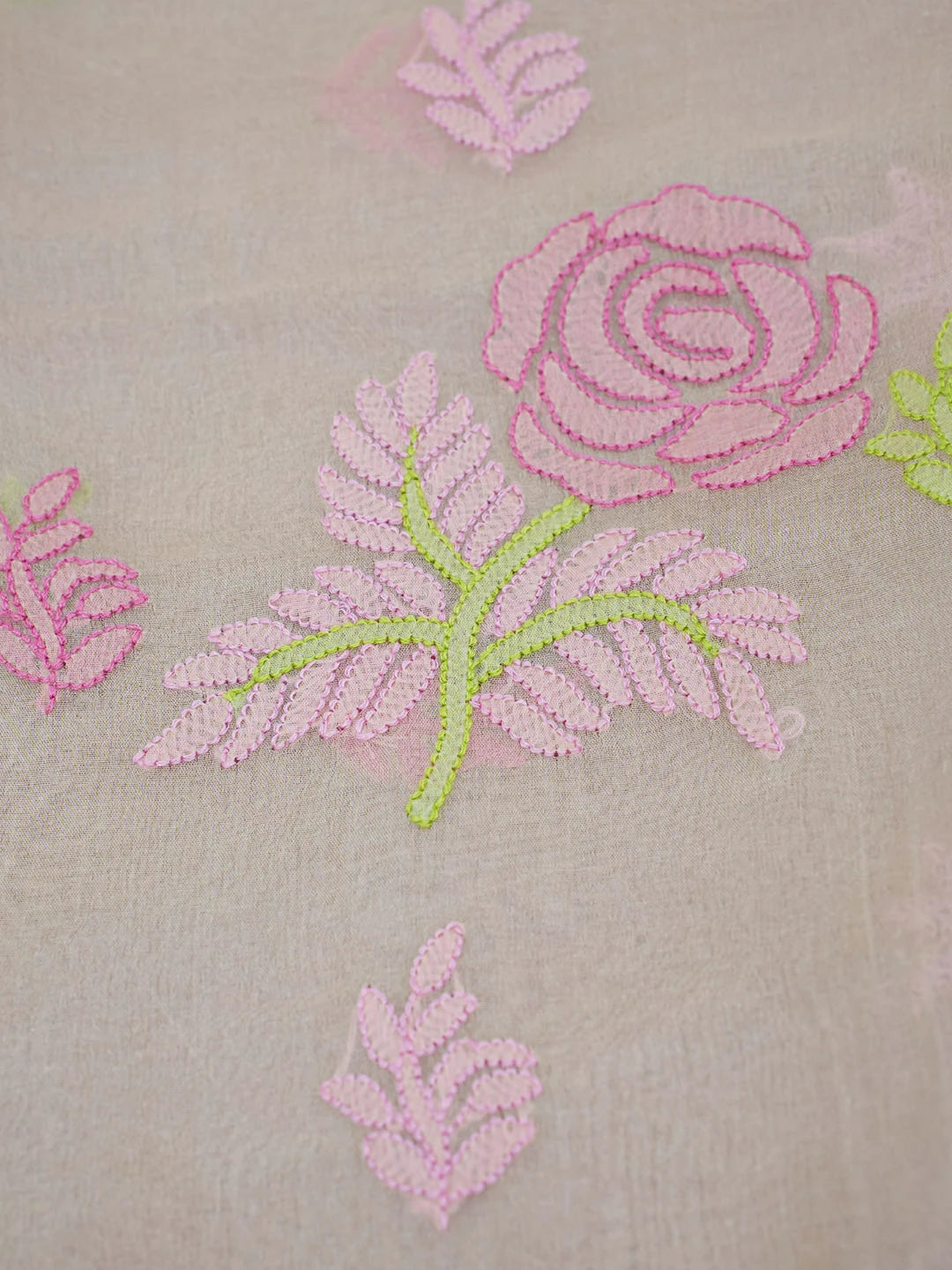 Ada Hand Embroidered Fawn Organza Lucknowi Chikankari Saree With Blouse 01A557325