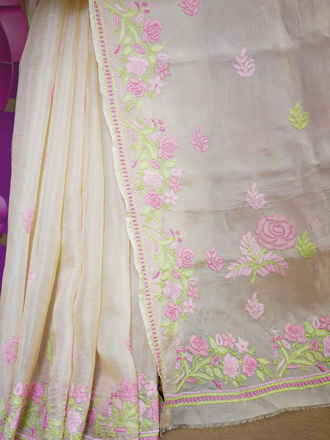 Ada Hand Embroidered Fawn Organza Lucknowi Chikankari Saree With Blouse 01A557325