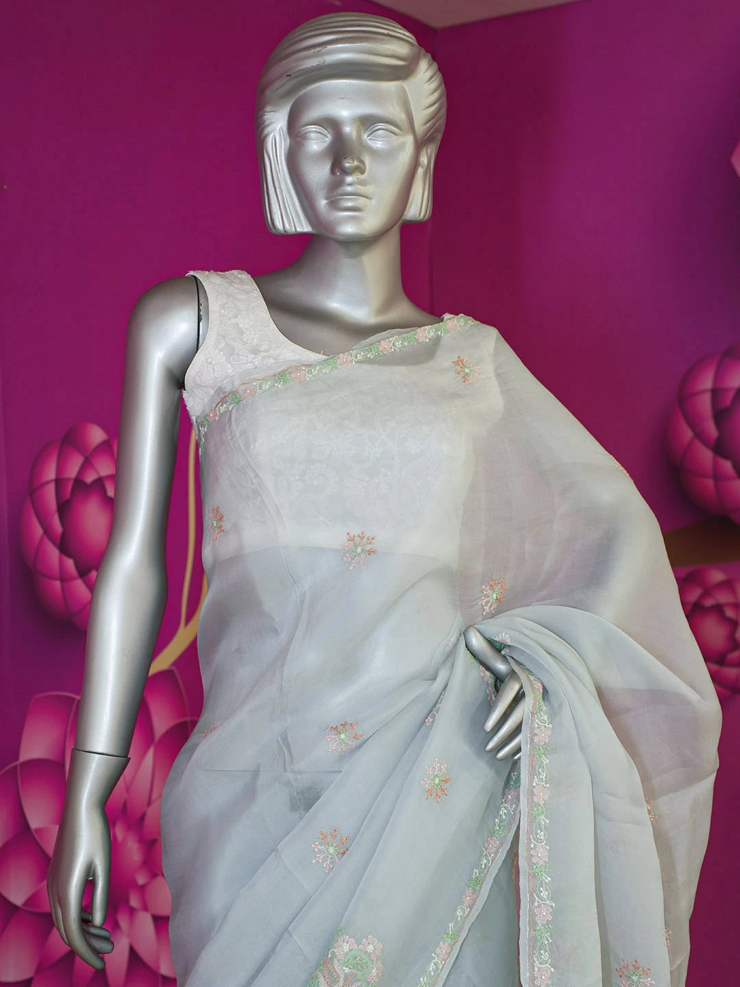 Ada Hand Embroidered Grey Organza Lucknowi Chikankari Saree and Blouse 01A580475