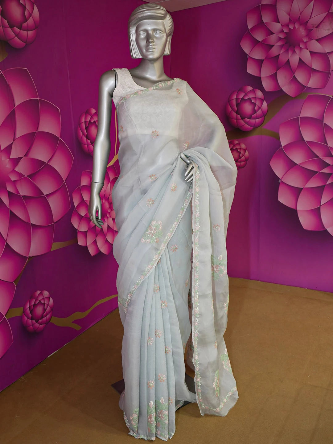 Ada Hand Embroidered Grey Organza Lucknowi Chikankari Saree and Blouse 01A580475