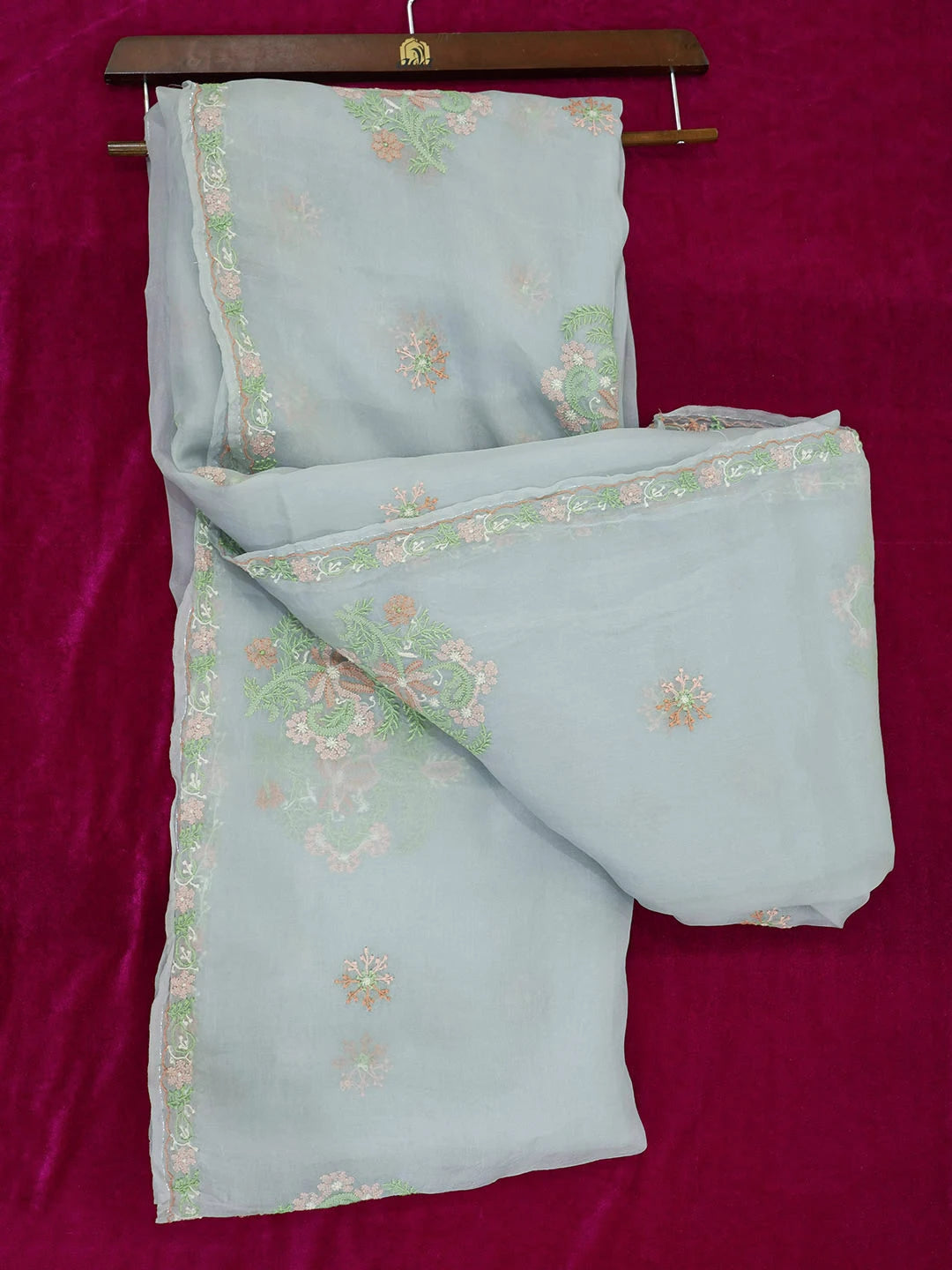 Ada Hand Embroidered Grey Organza Lucknowi Chikankari Saree and Blouse 01A580475