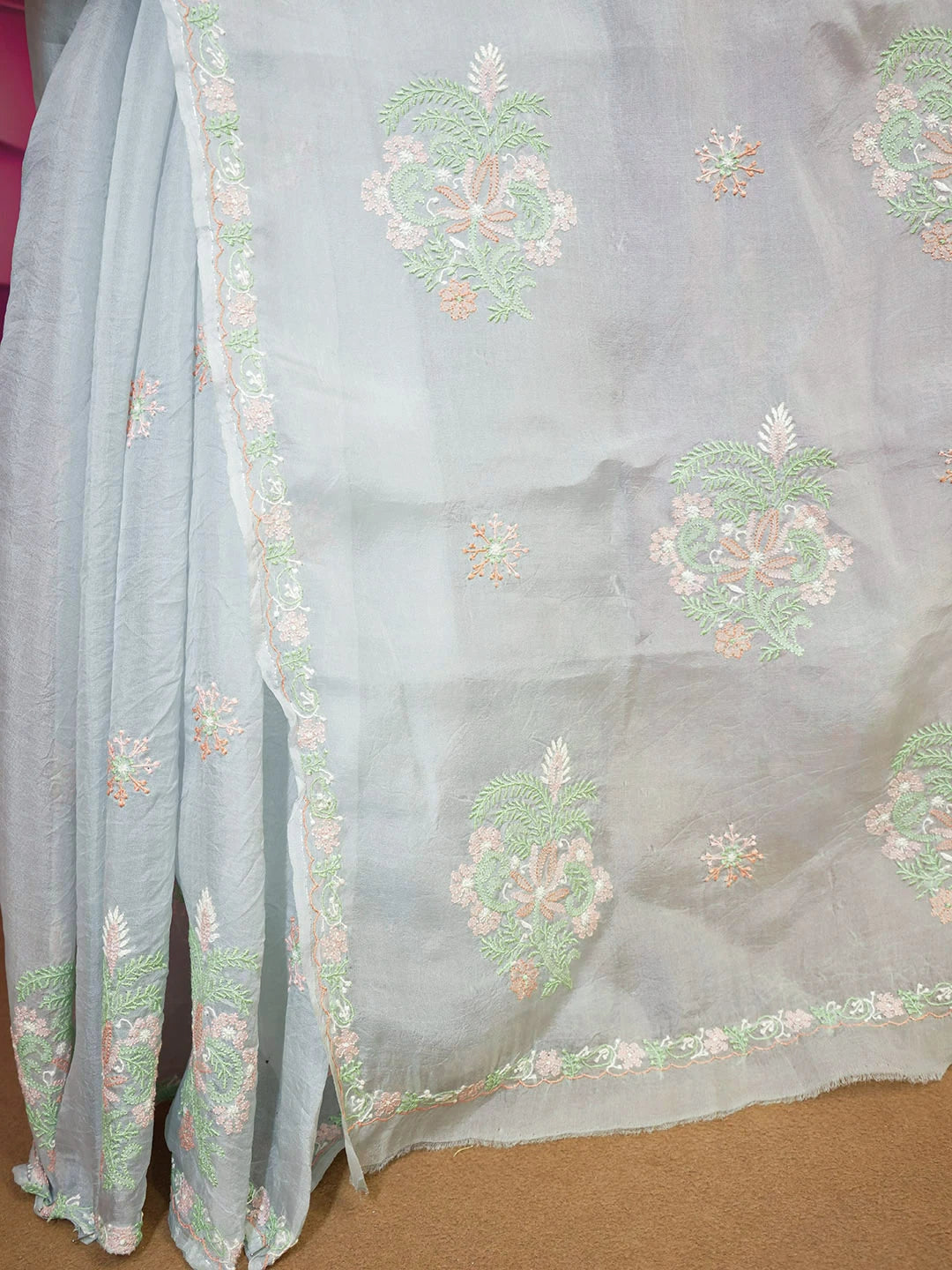 Ada Hand Embroidered Grey Organza Lucknowi Chikankari Saree and Blouse 01A580475