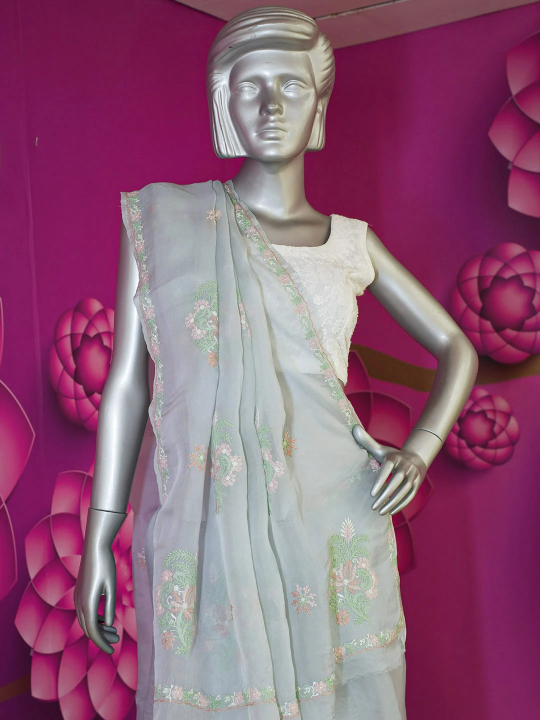 Ada Hand Embroidered Grey Organza Lucknowi Chikankari Saree and Blouse 01A580475