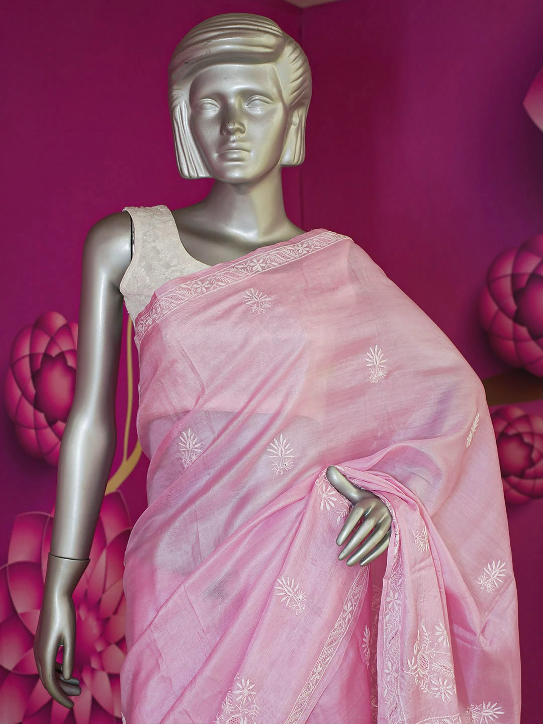 Ada Hand Embroidered Carnation Pink Silk Lucknowi Chikankari Saree With Blouse 01A595150