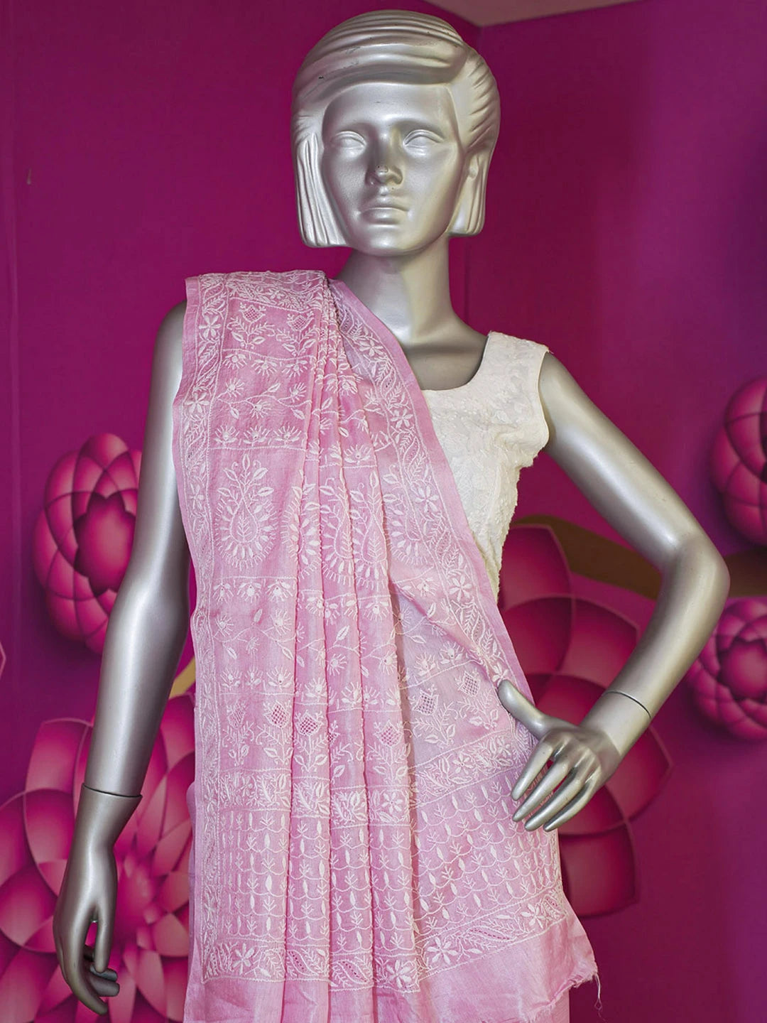 Ada Hand Embroidered Carnation Pink Silk Lucknowi Chikankari Saree With Blouse 01A595150