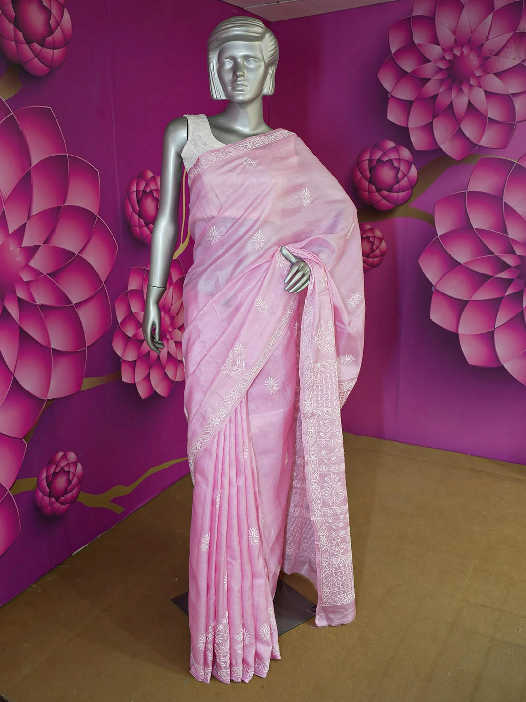 Ada Hand Embroidered Carnation Pink Silk Lucknowi Chikankari Saree With Blouse 01A595150