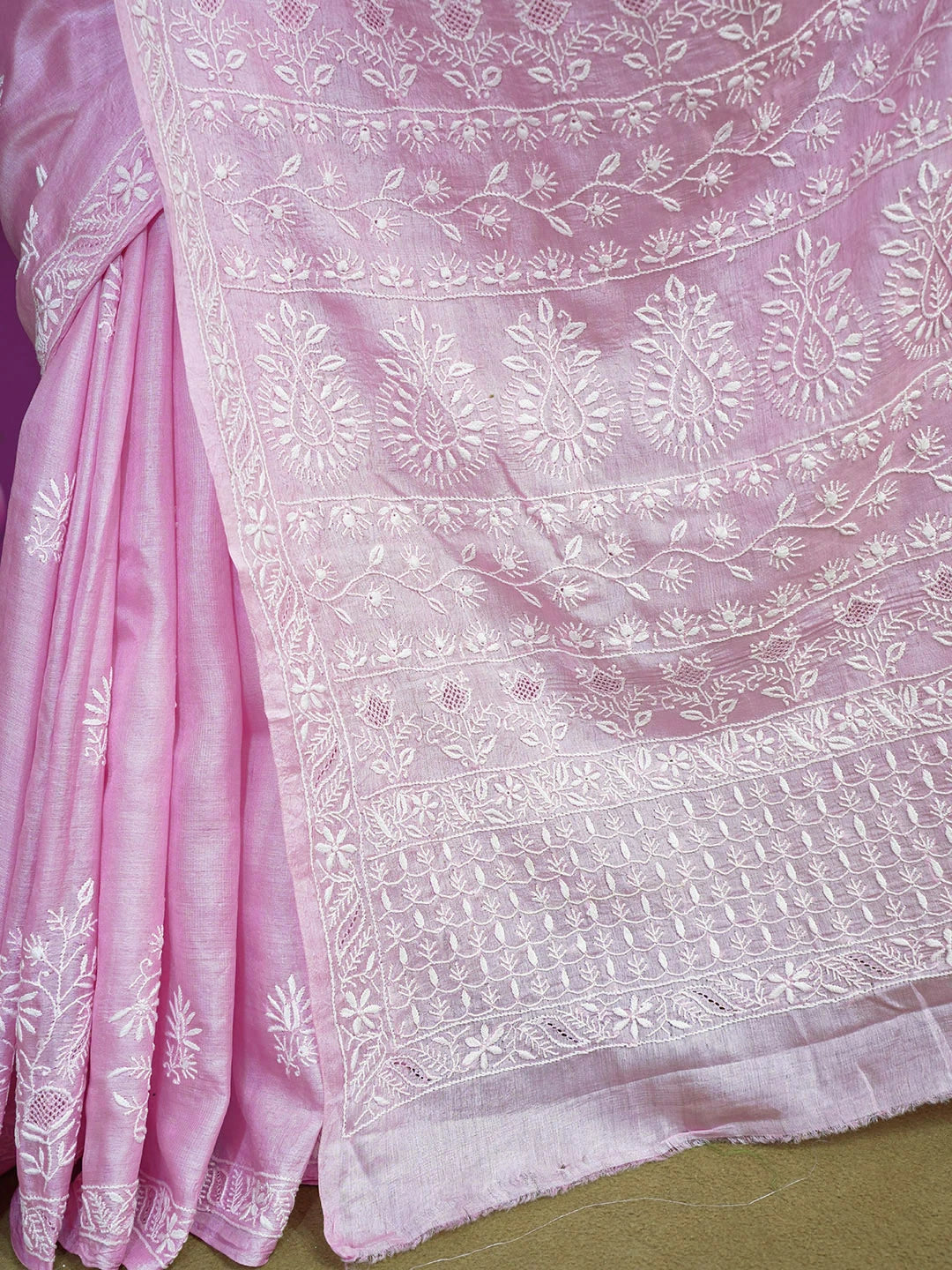 Ada Hand Embroidered Carnation Pink Silk Lucknowi Chikankari Saree With Blouse 01A595150