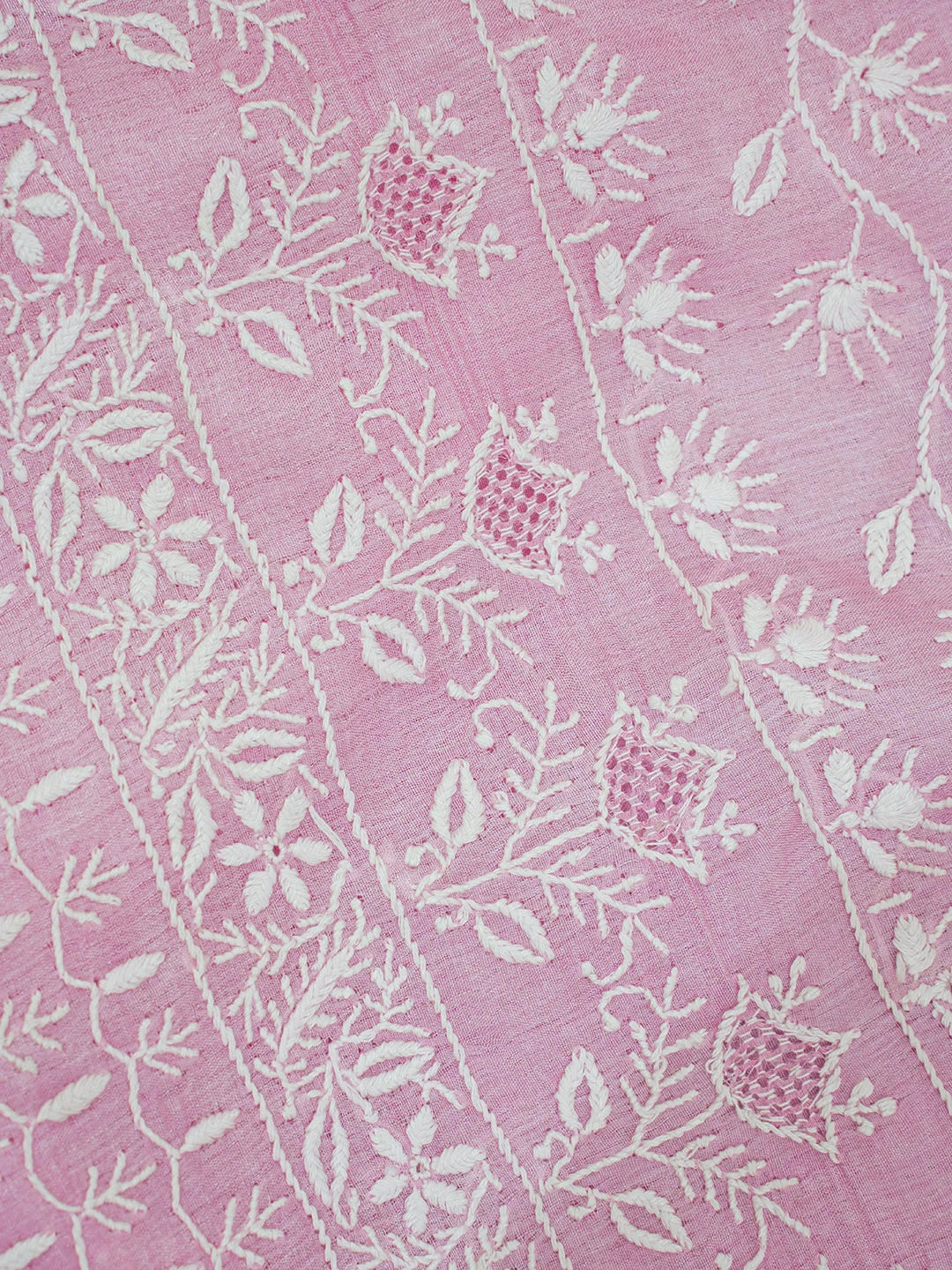 Ada Hand Embroidered Carnation Pink Silk Lucknowi Chikankari Saree With Blouse 01A595150