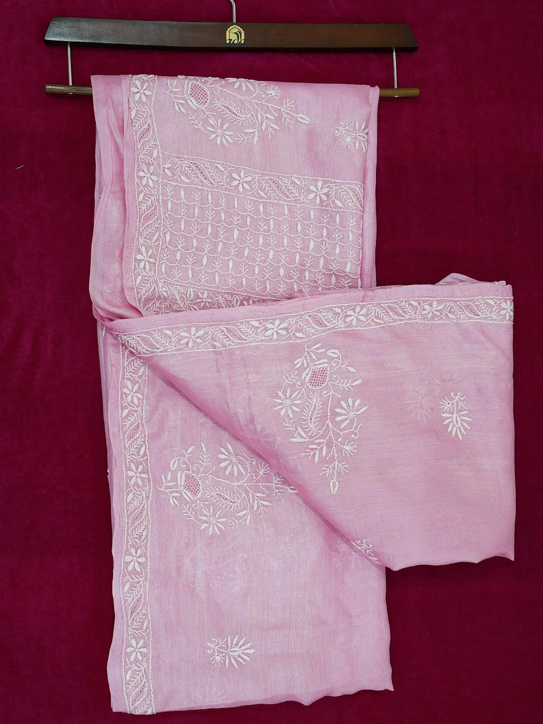 Ada Hand Embroidered Carnation Pink Silk Lucknowi Chikankari Saree With Blouse 01A595150