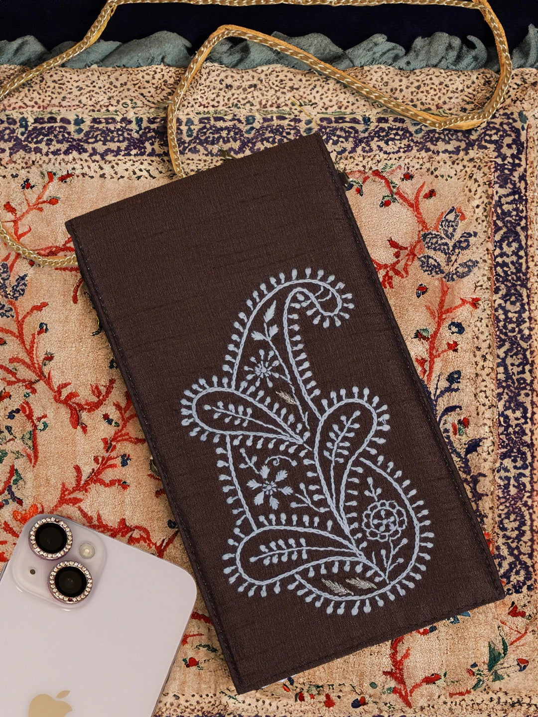 Ada Hand Embroidered Brown Silk Chanderi Lucknowi Chikankari Mobile Cover With Zari Work 01A578223