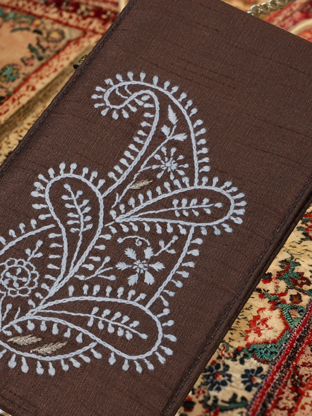 Ada Hand Embroidered Brown Silk Chanderi Lucknowi Chikankari Mobile Cover With Zari Work 01A578223