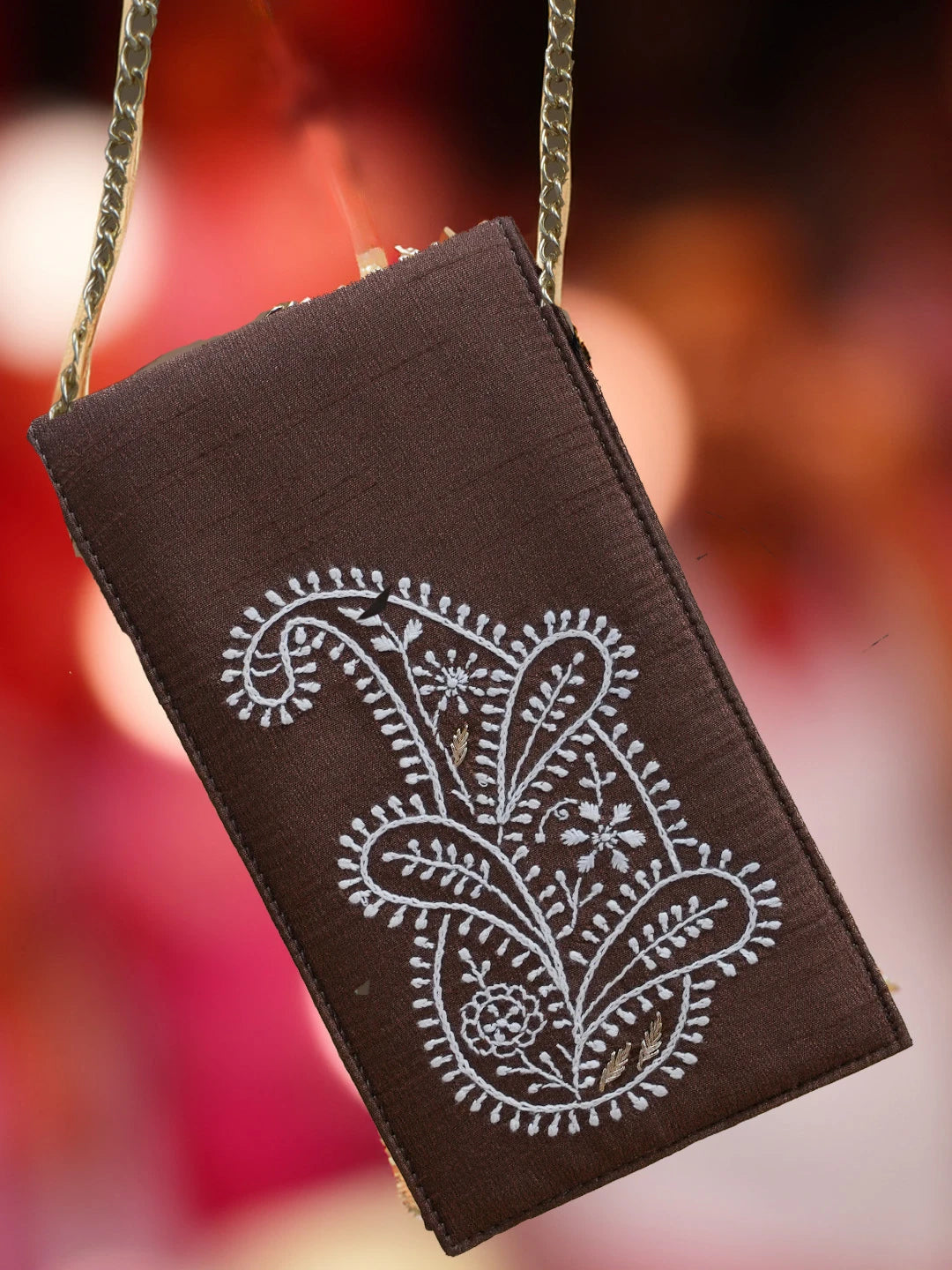 Ada Hand Embroidered Brown Silk Chanderi Lucknowi Chikankari Mobile Cover With Zari Work 01A578223