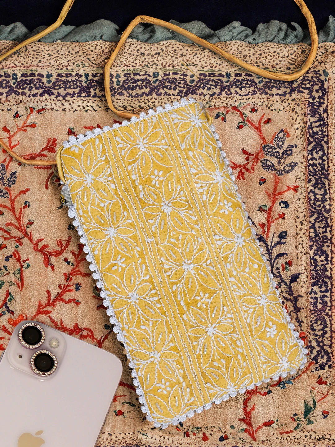 Ada Hand Embroidered Mustard Cotton Lucknowi Chikankari Mobile Cover With Cutdana Work 01A553754