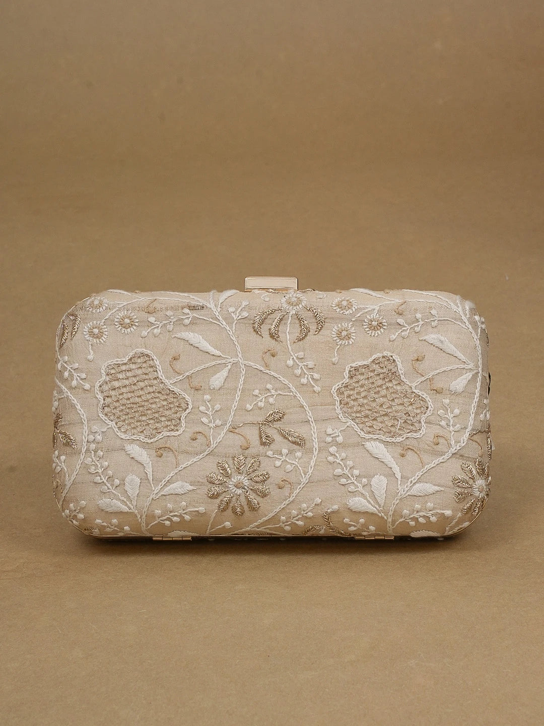 Ada Hand Embroidered Fawn Silk Lucknowi Chikankari Clutch With Zari Work 01A600551