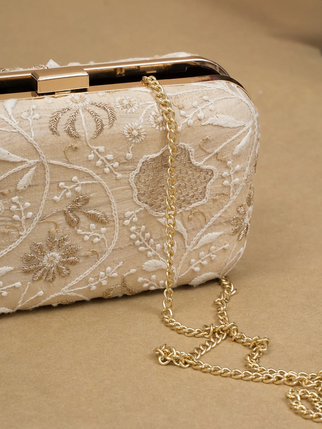 Ada Hand Embroidered Fawn Silk Lucknowi Chikankari Clutch With Zari Work 01A600551