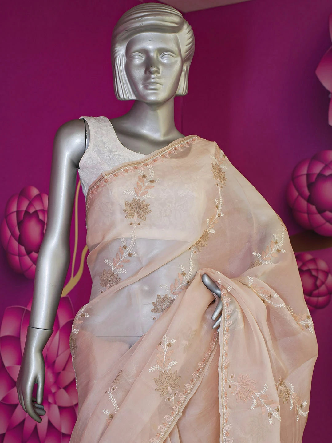 Ada Hand Embroidered Blushing Peach Organza Lucknowi Chikankari Saree and Blouse 01A585795