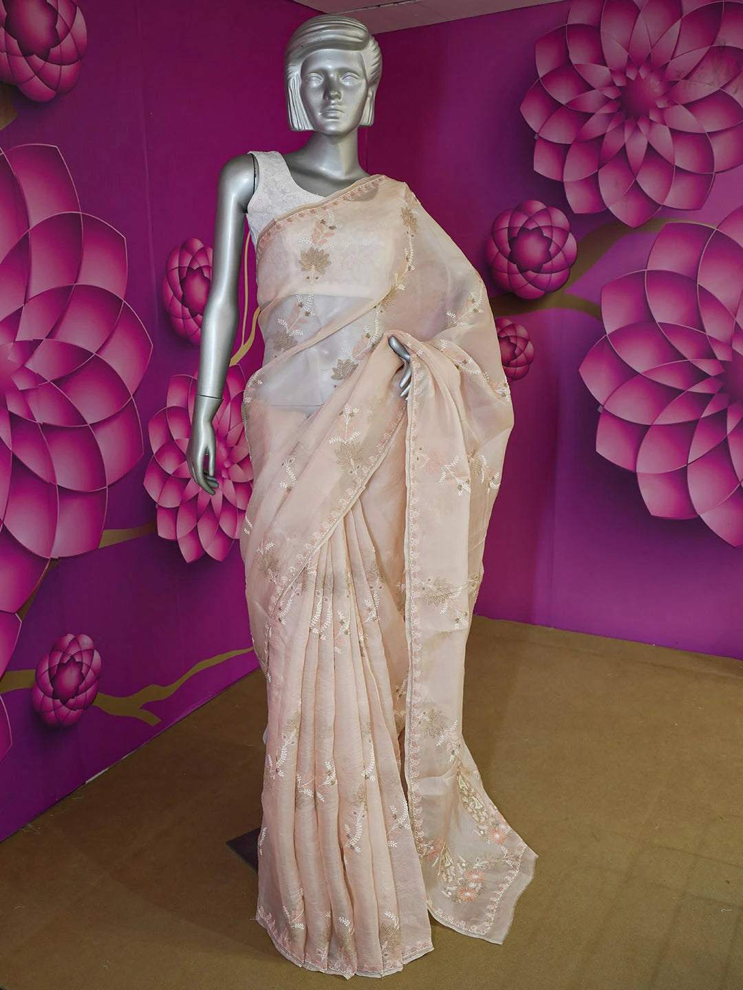 Ada Hand Embroidered Blushing Peach Organza Lucknowi Chikankari Saree and Blouse 01A585795