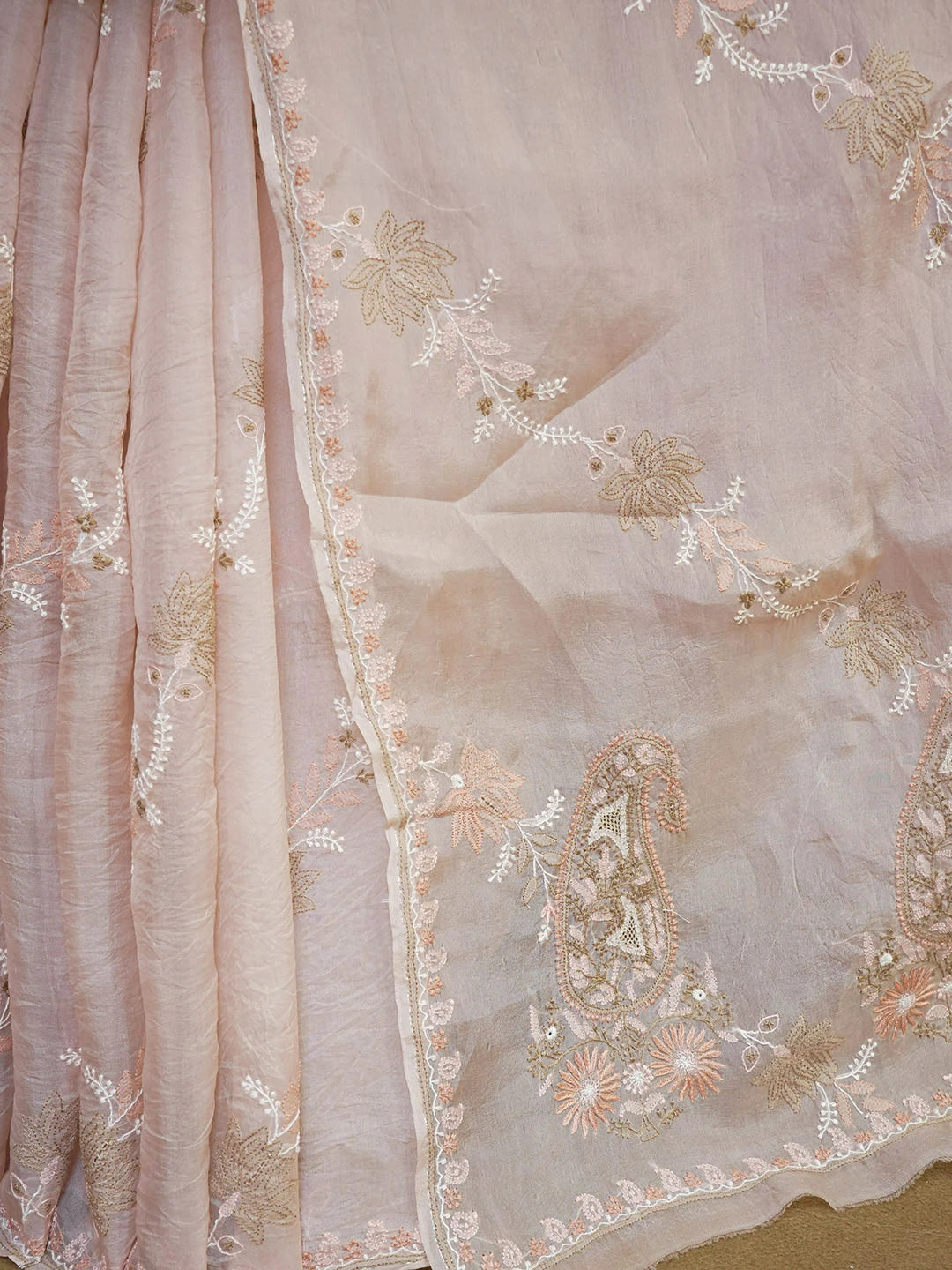 Ada Hand Embroidered Blushing Peach Organza Lucknowi Chikankari Saree and Blouse 01A585795